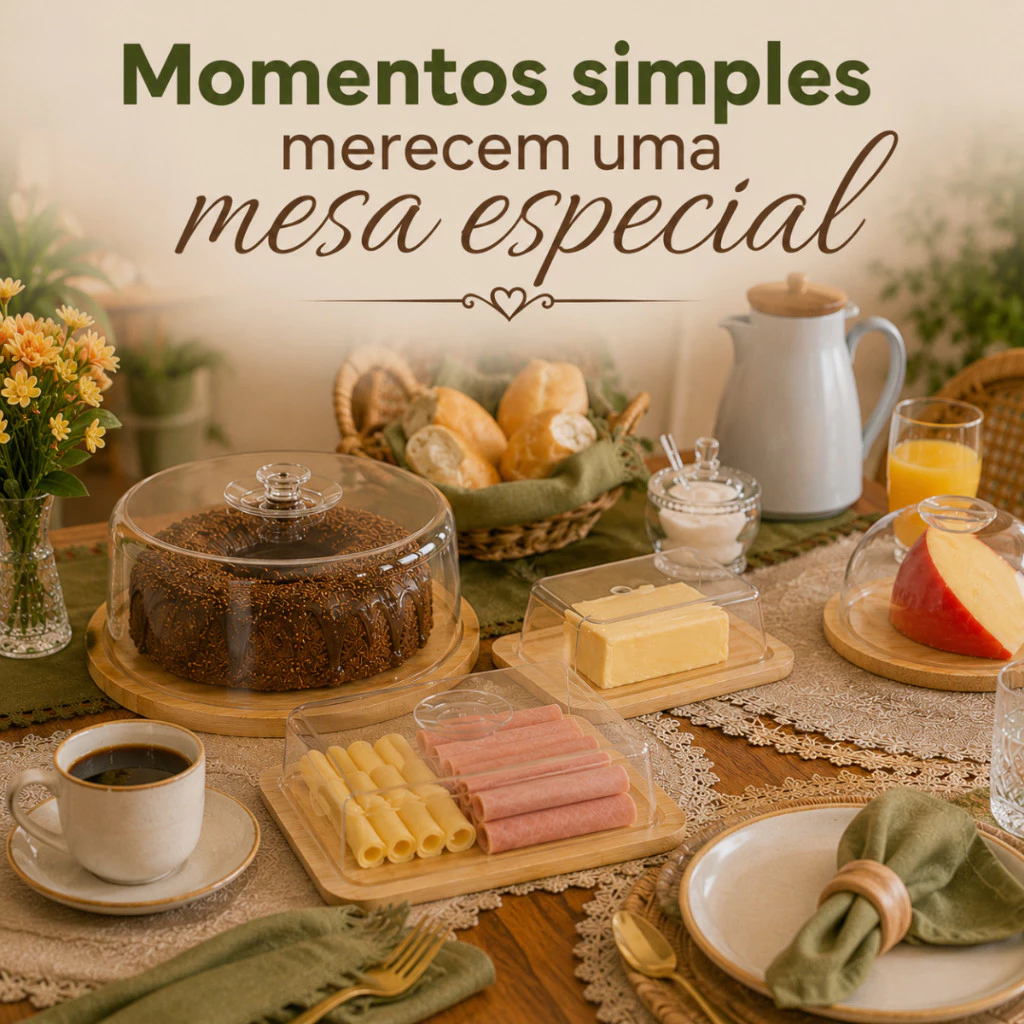 Kit Café da Manhã Boleira + Manteigueira + Porta Frios Bambu + Queijeira Em Bambu Tampa Acrílico Mesa Posta